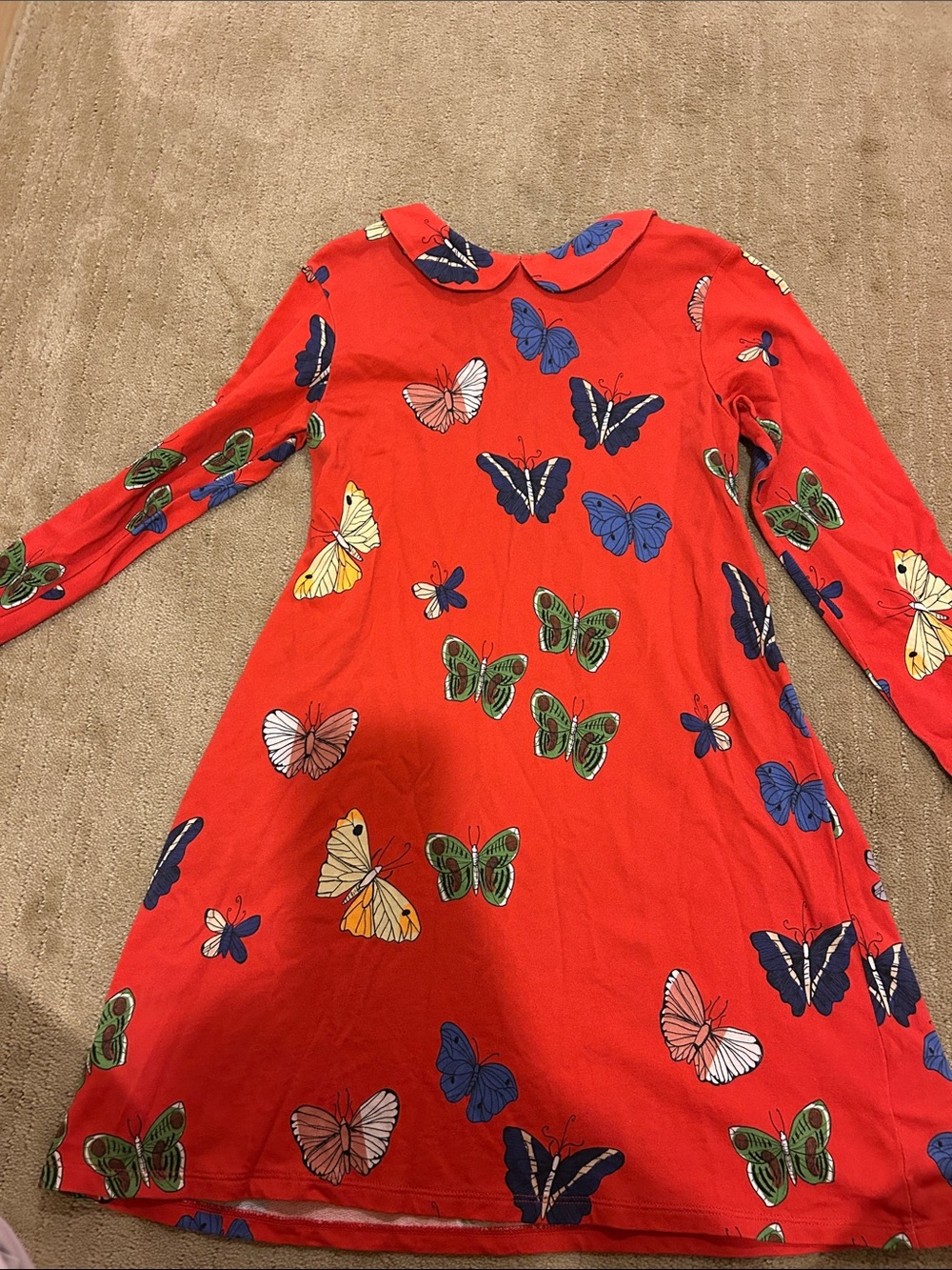 Mini Rodini Red Butterfly Print Long Sleeve Dress with Peter Pan Collar